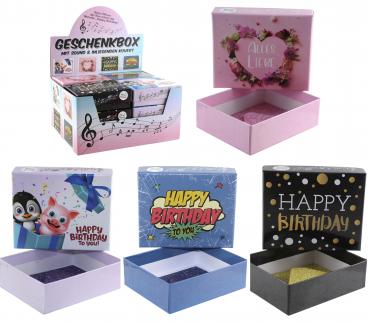 Geschenkbox mit Musik "Happy Birthday"  11x9cm, 4 Designs (Batt. 2xAG13) 12er T-
