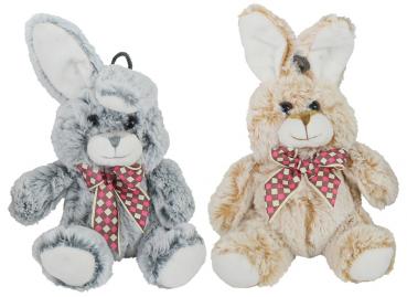 Plüsch Hase sitzend, mit Schleife, beige und grau, 2/f ca. 25cm