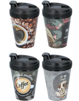 Kaffee To Go Reisebechher klein, 4 Designs 400ml verschließbarer Deckel in schwa