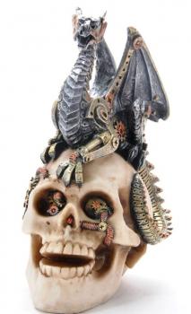 Totenkopf mit Steampunk Drache Polystone Figur 18 x 12 cm