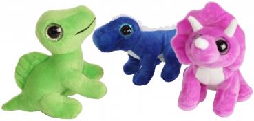 Plüsch Dino stehend, mit Glitzeraugen, grün, blau, lila, 3-fach sortiert, 20 cm