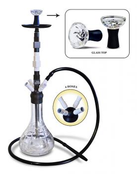 Shisha in Schwarz mit 4 Schlauchanschlüssen und Glas-/Kristall-Kopf ca. 70cm (in