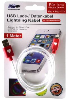 Lade-/Datenkabel "LED Colourfull"blau,grün,rot Iphone 5+6+7+Ipad+Ipod 1m Blister