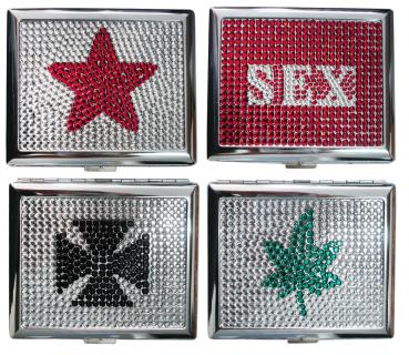 "Zigaretten Etui ""Sex&Bling""Metall mit Strass ca. 9x8cm im Dsp."