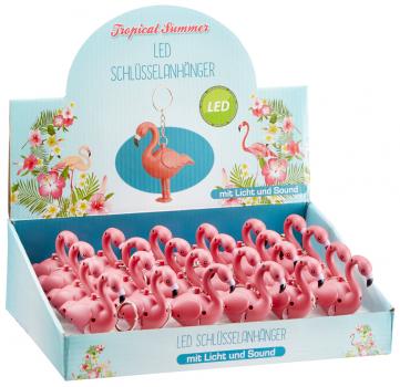 Schlüsselanhänger Flamingo, mit weißem LED Licht&Sound ca.2,57x6cm im 24er T-Dsp