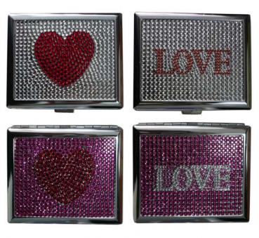 Zigaretten Etui Metall mit Strass LOVE&HERZ Motive 9,5x8x1,5cm im 8er T-Dsp.