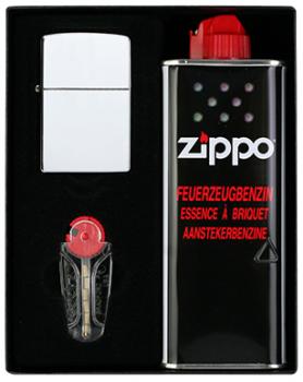 Zippo Geschenk Set mit Orginal Zippo Fzg.Chrom Poliert + Benzin&Feuersteine