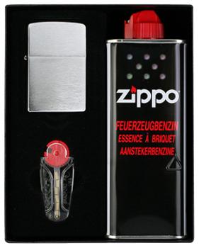 Zippo Geschenk Set mit Orginal Zippo Fzg. Chrom gebürstet + Benzin&Feuersteine