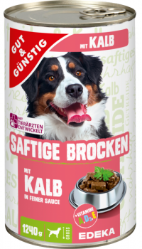 Saftige Brocken Kalb in Sauce Dog/Hunde Futter G&G 1240g Dose