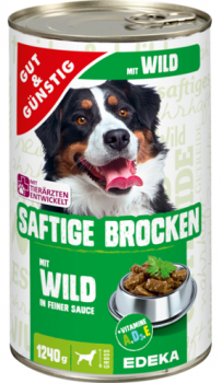 Saftige Brocken Wild in Sauce Dog/Hunde Futter G&G 1240g Dose