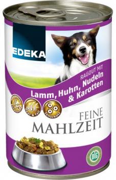 Feine Mahlzeit Lamm, Huhn, Nudeln&Kartoffeln Dog/Hunde Futter Edeka 400g Dose