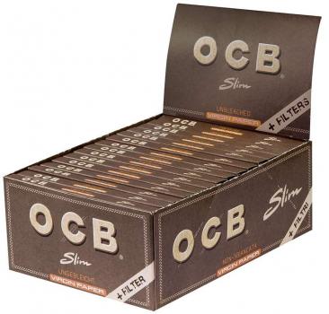 OCB Unbleached Virgin Slim Paper + 32 Filter Tips Ultra Fein aus Cellulose 4,4x1